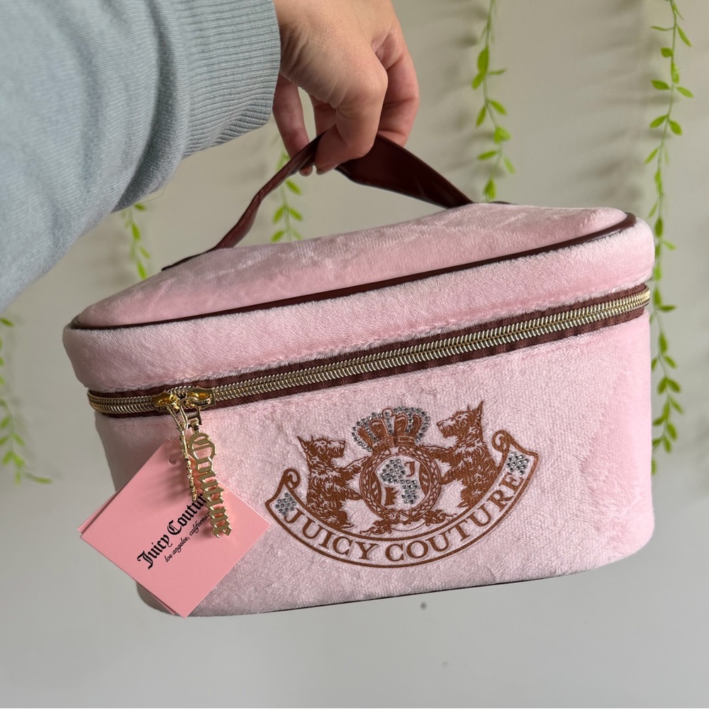 Vintage pattern Juicy Couture Pink Velvet Cosmetic Train Case with Gold Accent